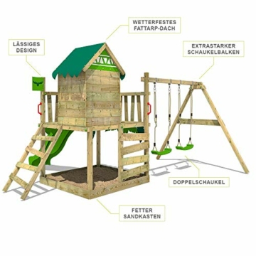 FATMOOSE Spielturm Klettergerüst JazzyJungle mit Schaukel & apfelgrüner Rutsche, Spielhaus mit Sandkasten, Leiter & Spiel-Zubehör - 2